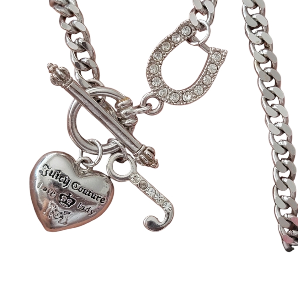 Vtg Silver Juicy Couture Toggle Necklace Silver Tone Puffy Heart Chunky Link - Picture 7 of 10